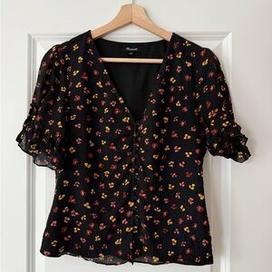 Madewell Silk Black Blouse with Red and Yellow Floral Print